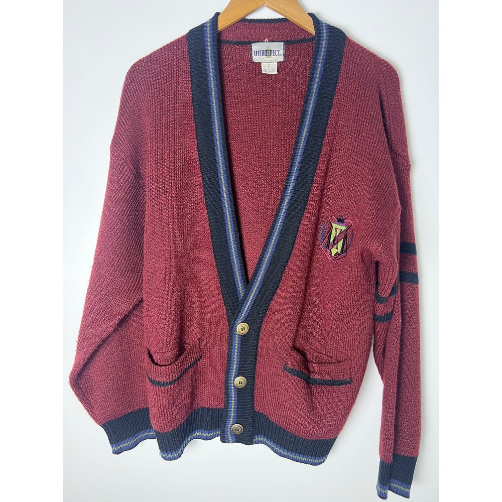 VTG Introspect Cardigan Sweater Med Burgundy Collegiate Crest Knit V-Neck Preppy